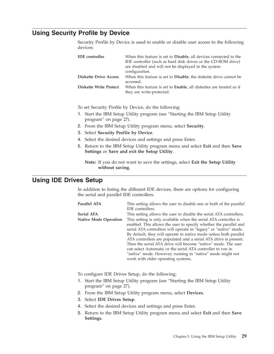 IBM 8183 manual Using Security Profile by Device, Using IDE Drives Setup 