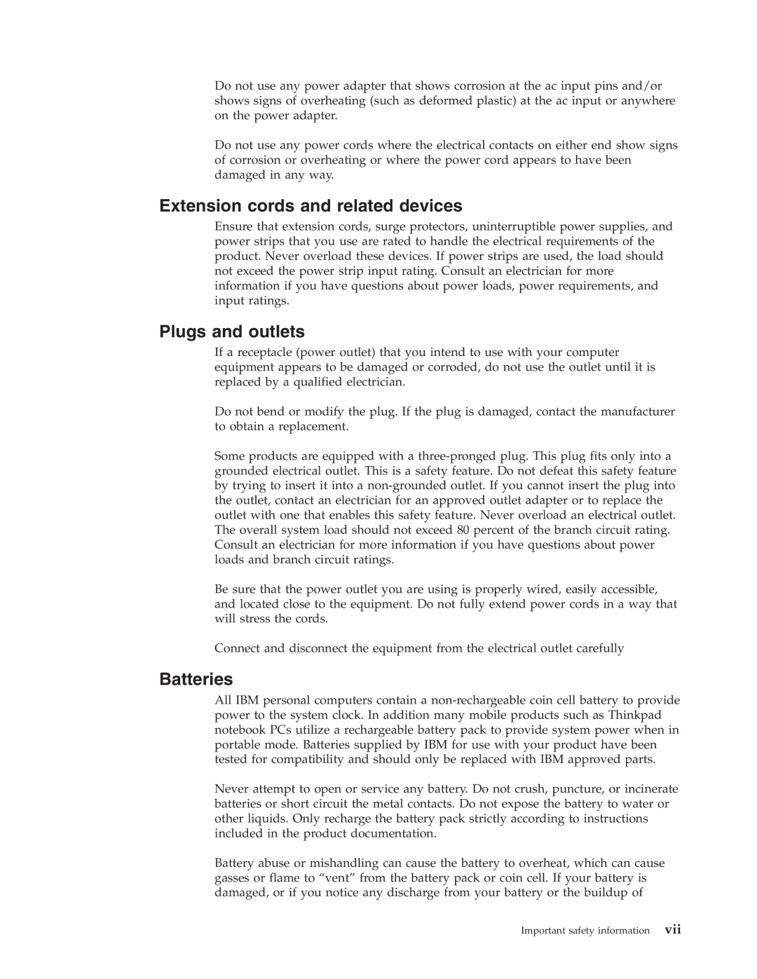 IBM 8183 manual Extension cords and related devices, Plugs and outlets, Batteries 