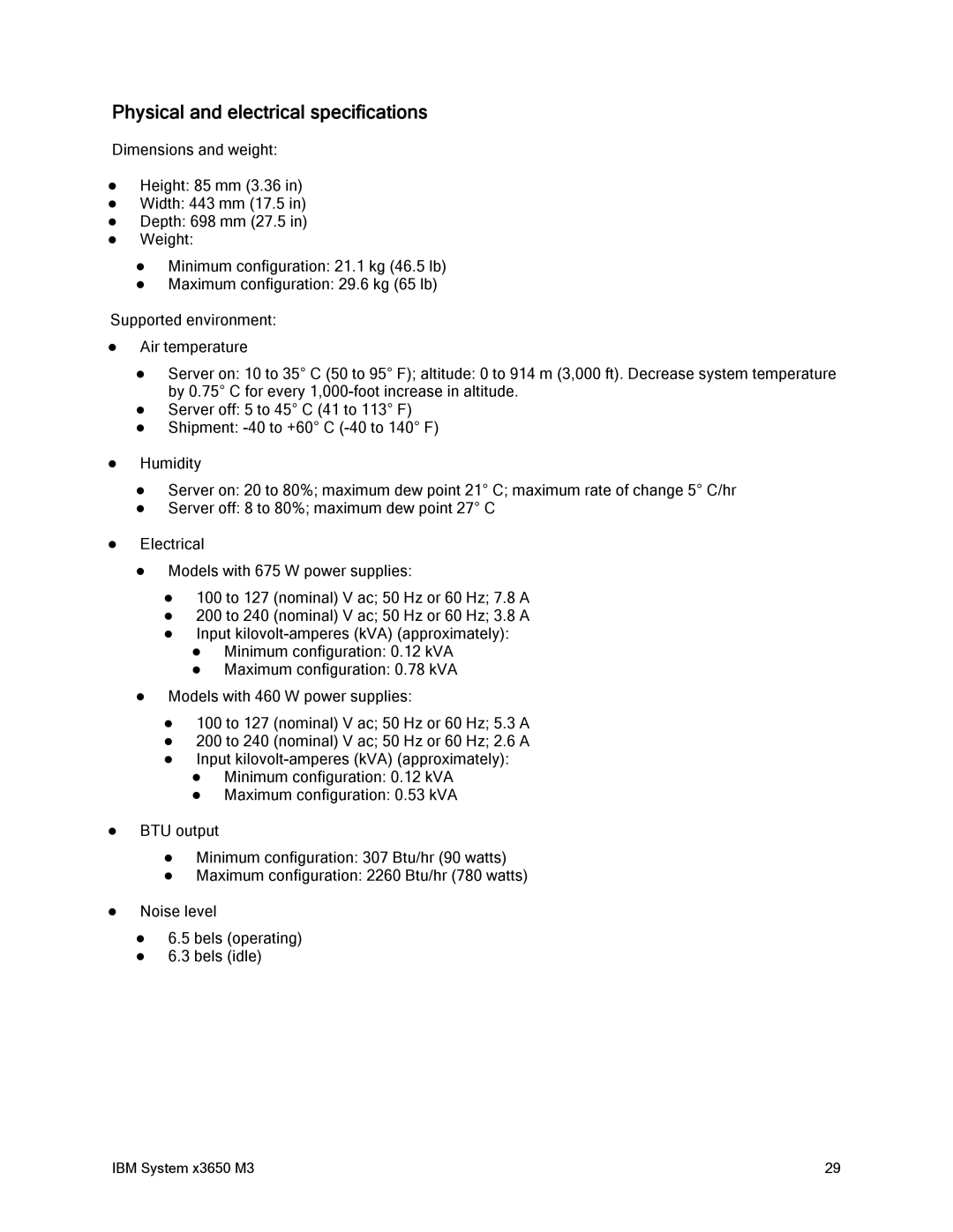 IBM 81Y6843 manual Physical and electrical specifications 