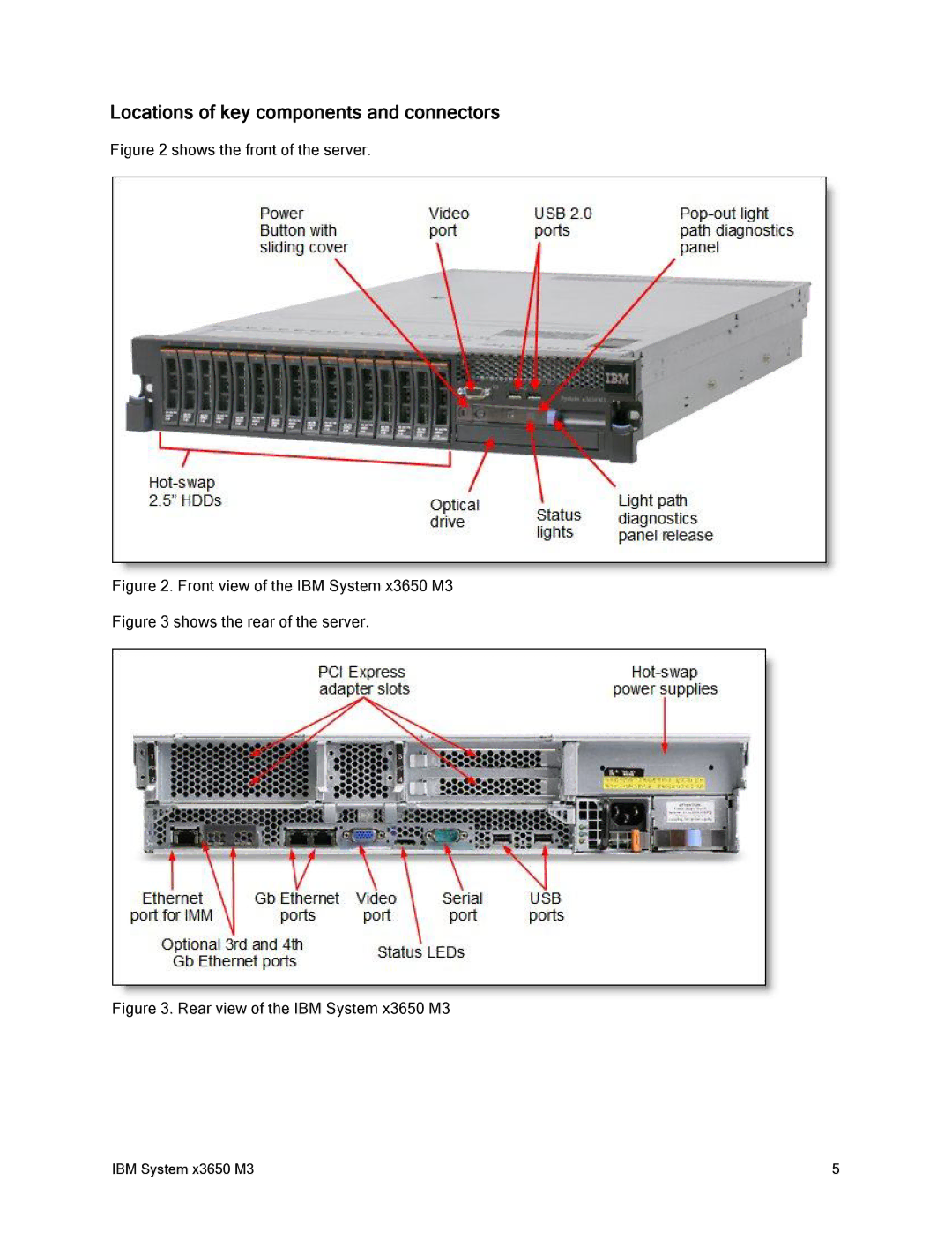 IBM 81Y6843 manual Shows the front of the server, Rear view of the IBM System x3650 M3 