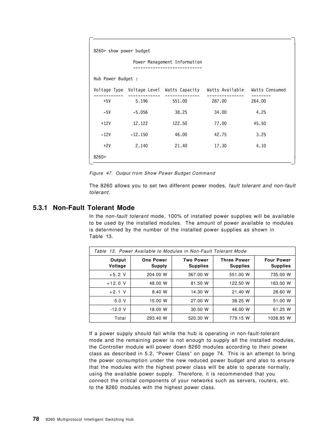 IBM 8260 manual Non-Fault Tolerant Mode, Output from Show Power Budget Command 