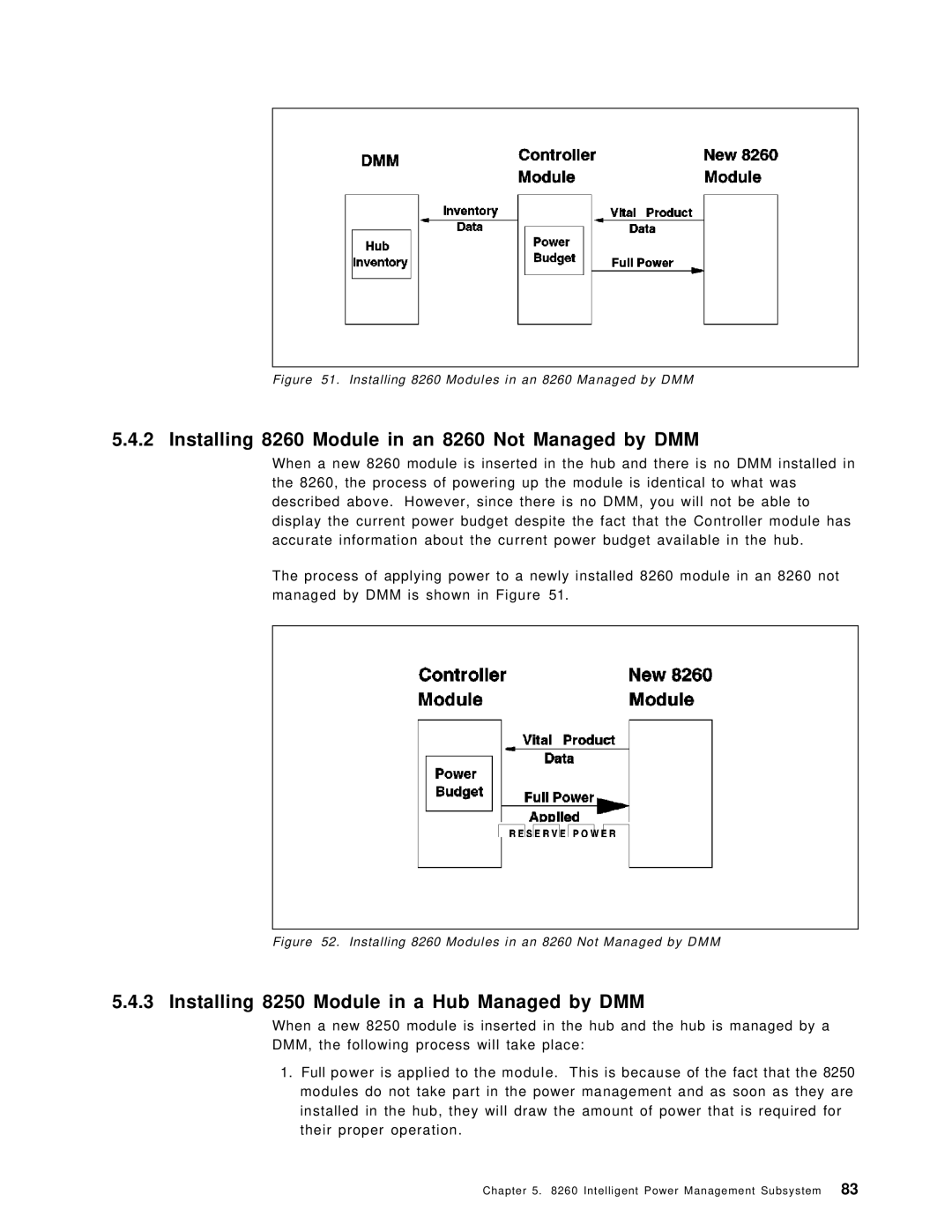 IBM manual Installing 8260 Module in an 8260 Not Managed by DMM, Installing 8250 Module in a Hub Managed by DMM 