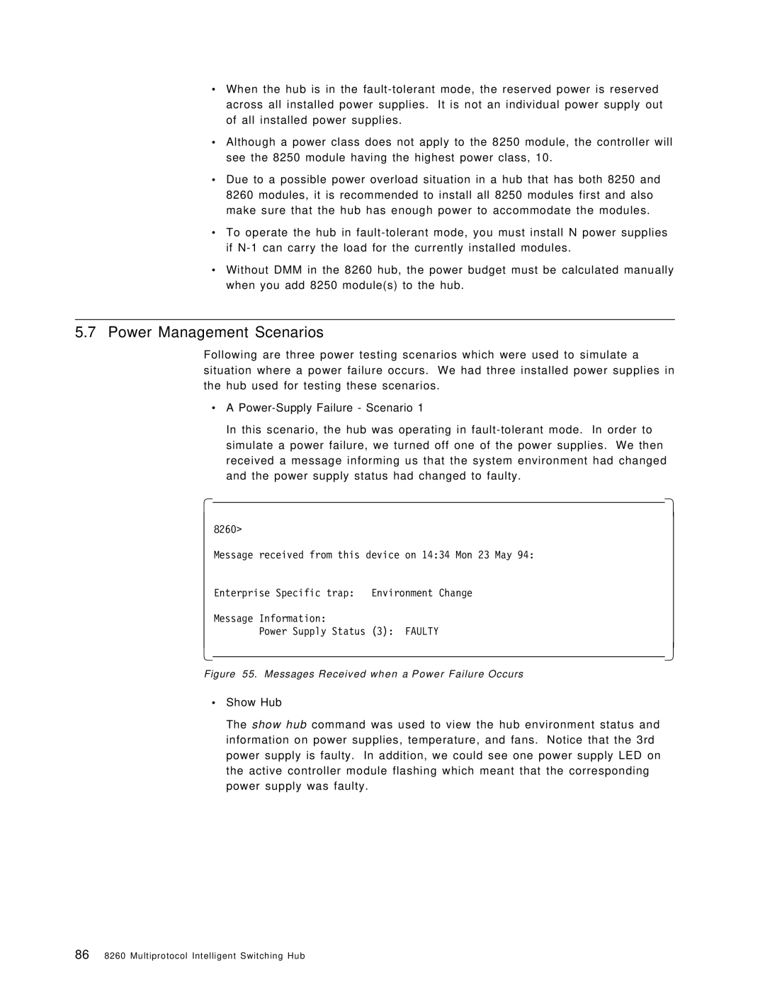 IBM 8260 manual Power Management Scenarios, ∙ a Power-Supply Failure Scenario, ∙ Show Hub 