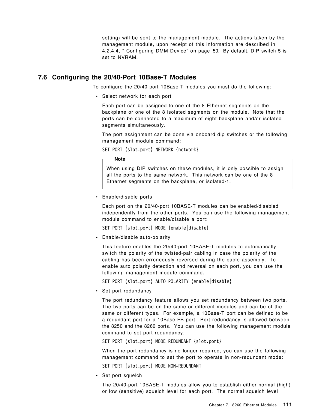 IBM 8260 manual Configuring the 20/40-Port 10Base-T Modules, SET Port slot.port Network network 