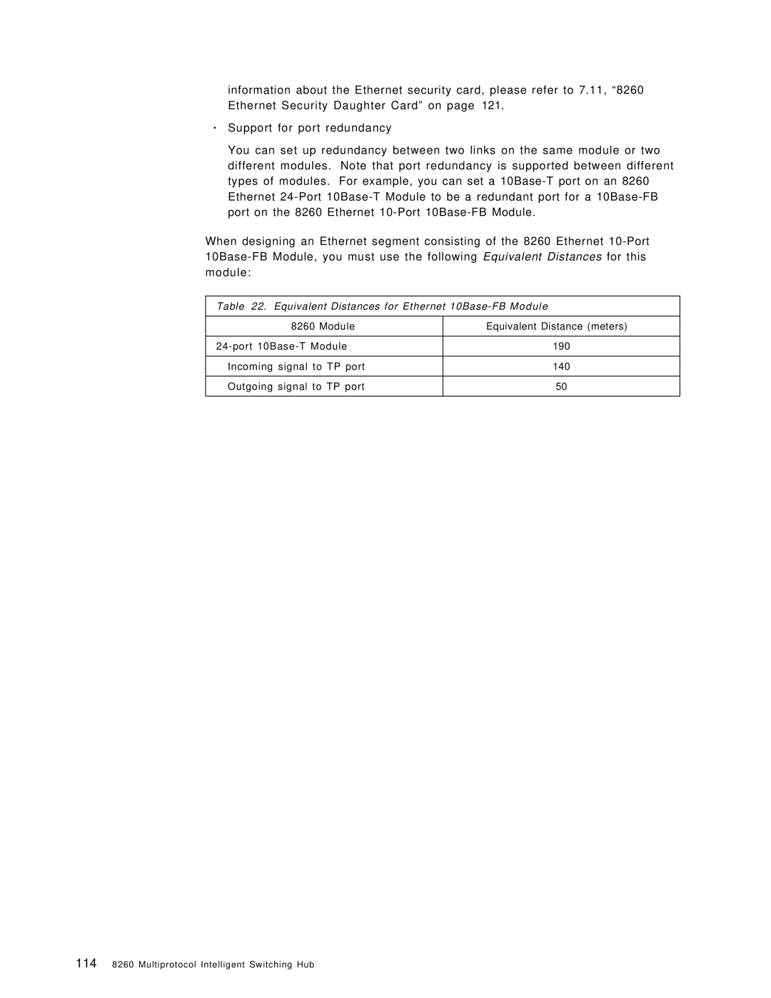 IBM 8260 manual Equivalent Distances for Ethernet 10Base-FB Module 