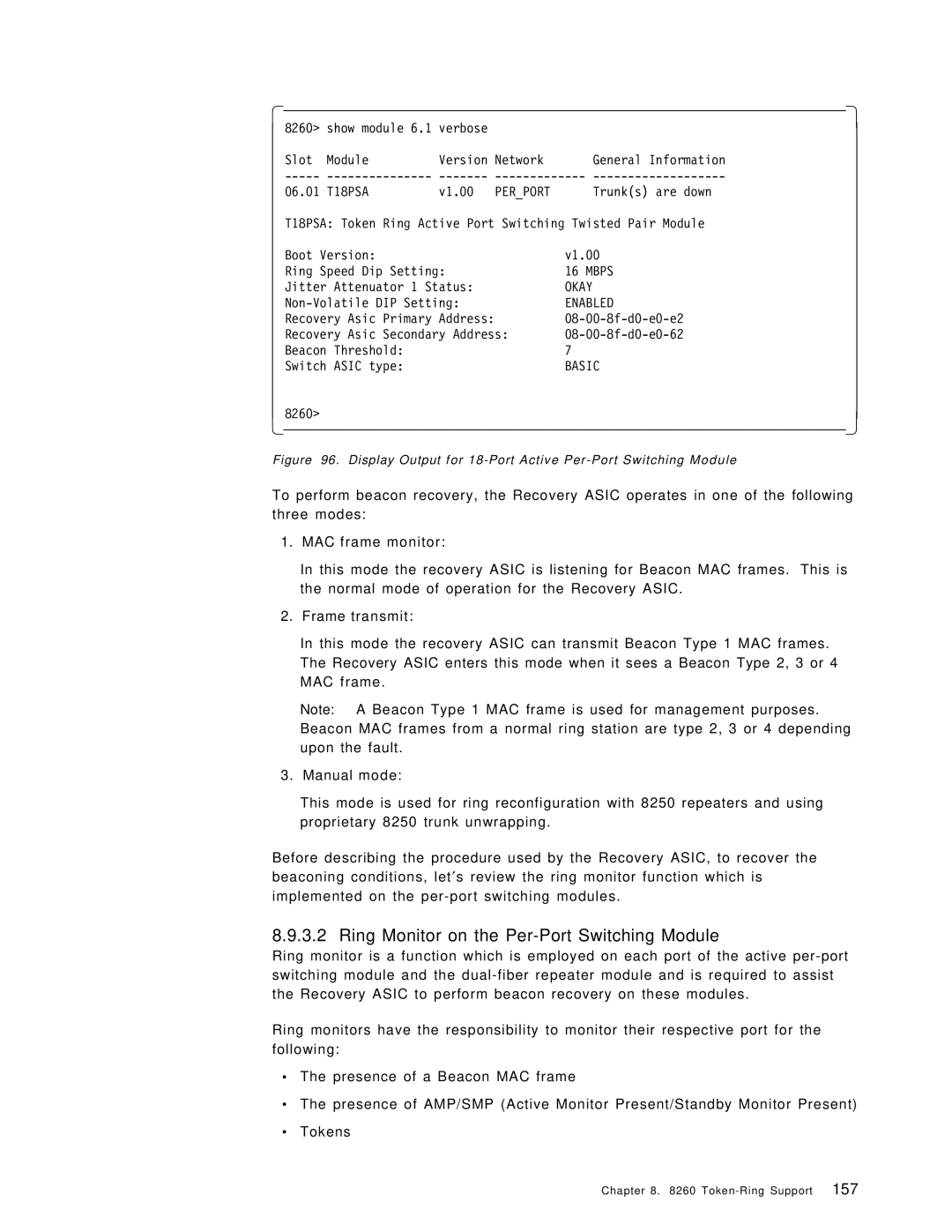 IBM 8260 manual Ring Monitor on the Per-Port Switching Module, Display Output for 18-Port Active Per-Port Switching Module 