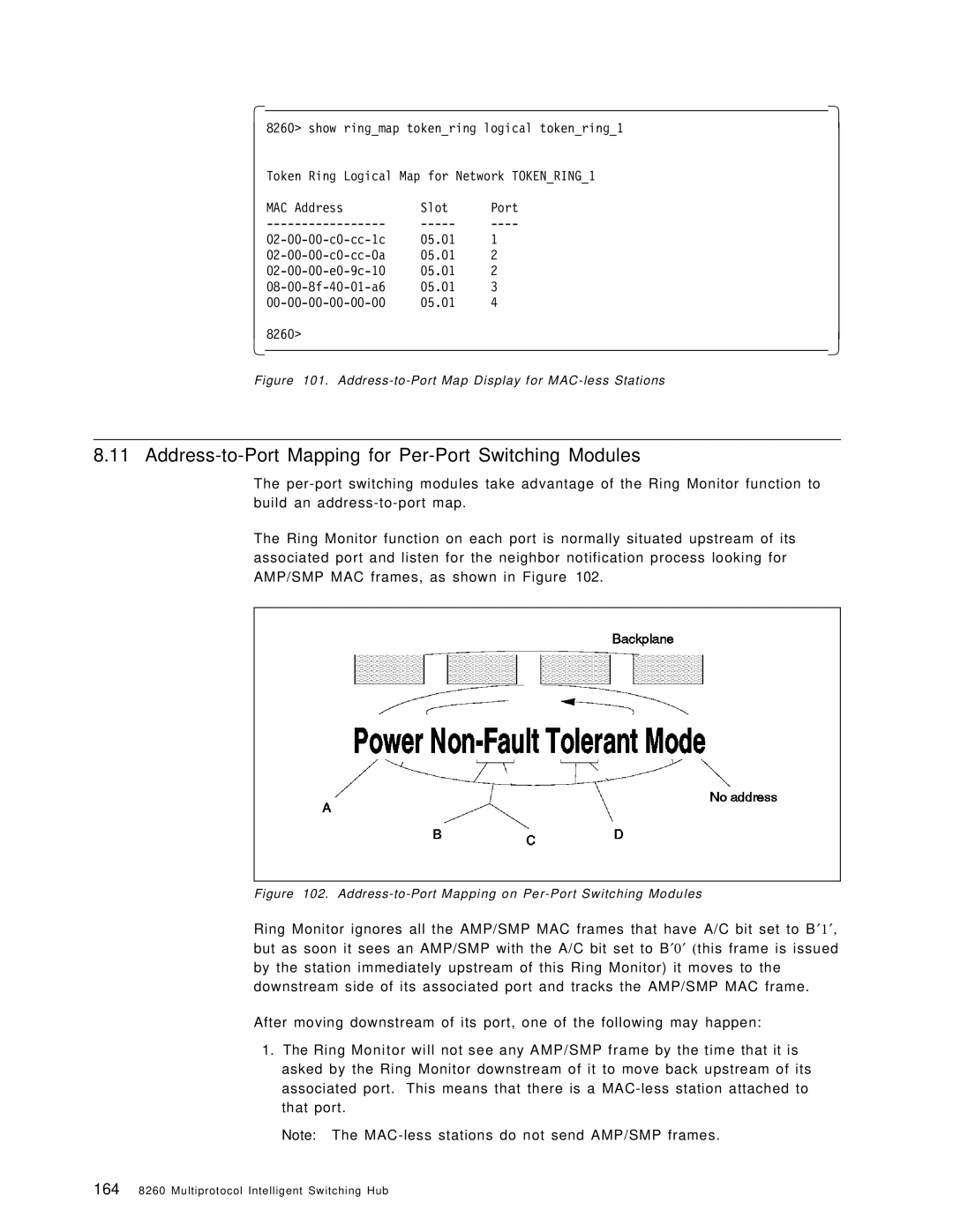 IBM 8260 manual Address-to-Port Mapping for Per-Port Switching Modules, Address-to-Port Map Display for MAC-less Stations 