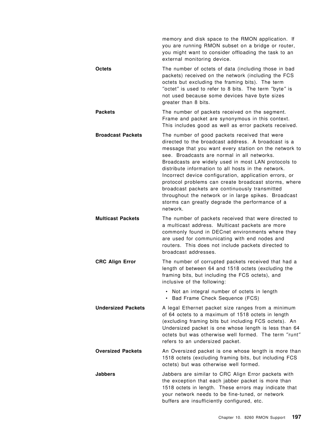 IBM 8260 manual Octets, Broadcast Packets, Multicast Packets, CRC Align Error 