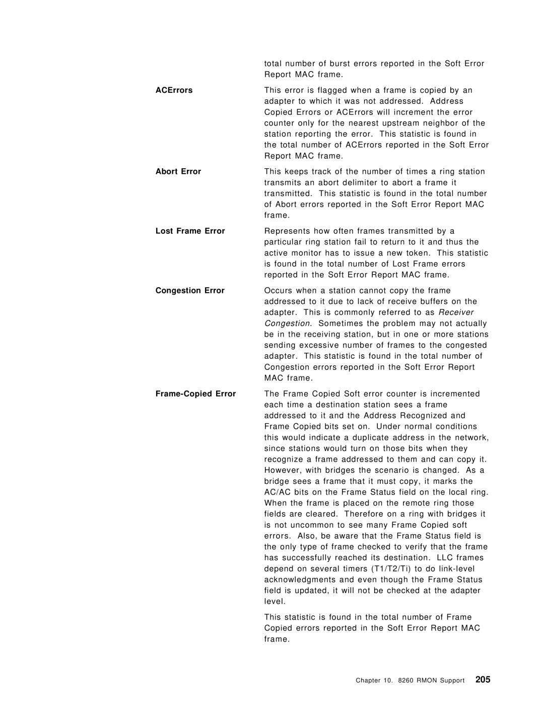 IBM 8260 manual ACErrors, Abort Error, Lost Frame Error, Congestion Error, Frame-Copied Error 