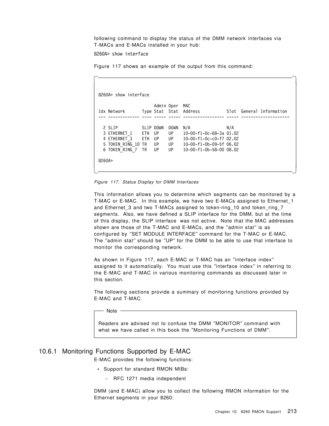 IBM manual Monitoring Functions Supported by E-MAC, 8260A show interface 