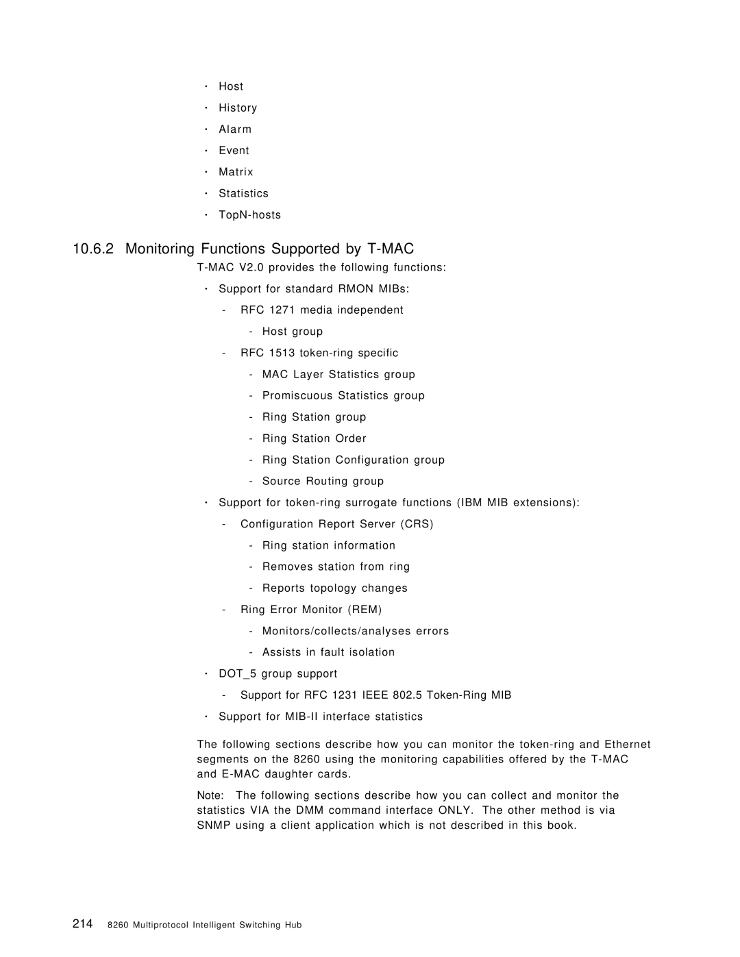 IBM 8260 manual Monitoring Functions Supported by T-MAC, Host History Alarm Event Matrix Statistics TopN-hosts 