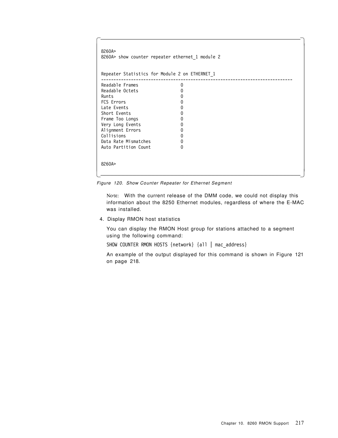 IBM 8260 manual Show Counter Rmon Hosts network all macaddress, Show Counter Repeater for Ethernet Segment 