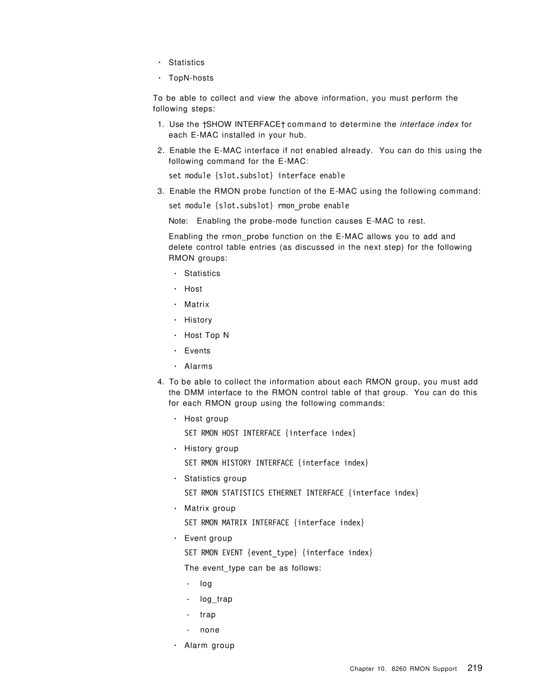 IBM 8260 manual Set module slot.subslot interface enable, Set module slot.subslot rmonprobe enable 