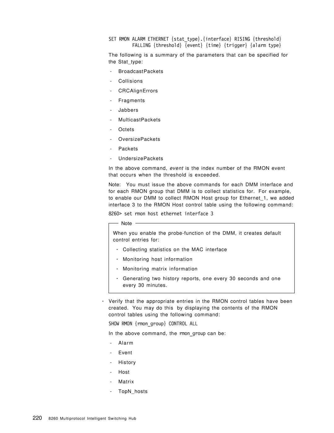 IBM 8260 manual Set rmon host ethernet interface, Show Rmon rmongroup Control ALL 