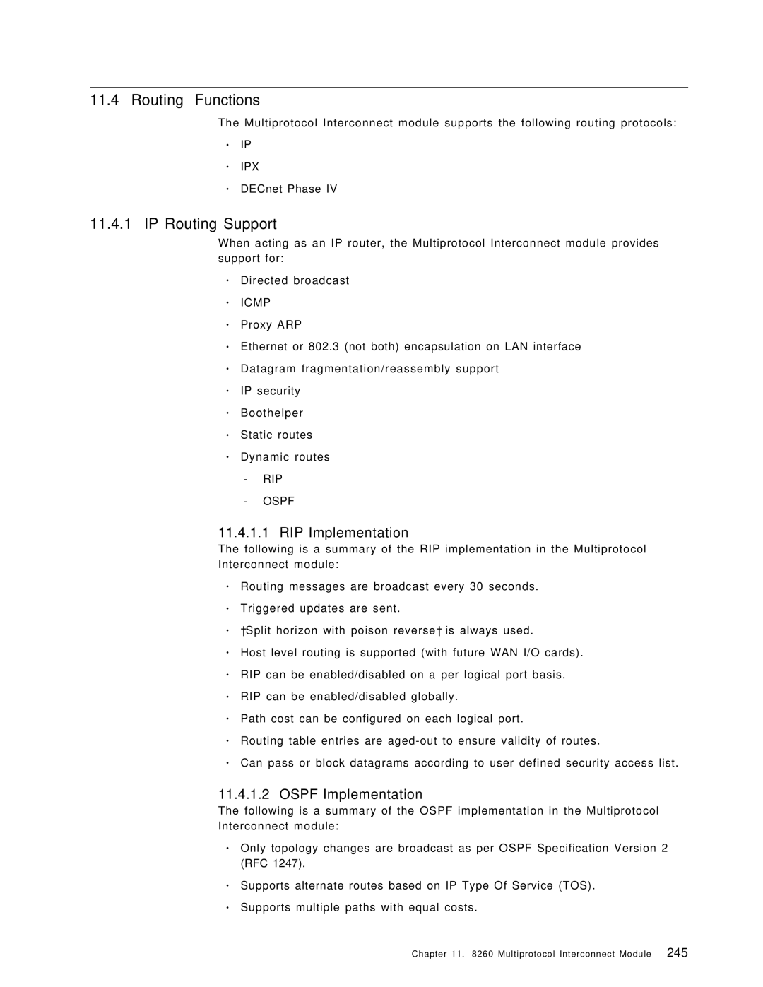 IBM 8260 manual Routing Functions, IP Routing Support, RIP Implementation, Ospf Implementation, ∙ DECnet Phase 