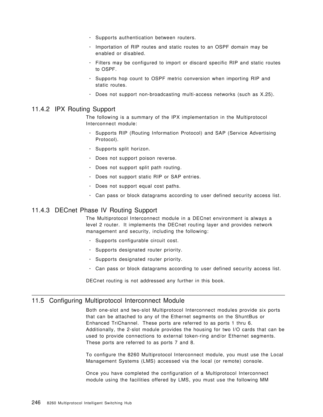 IBM 8260 manual IPX Routing Support, DECnet Phase IV Routing Support, Configuring Multiprotocol Interconnect Module 