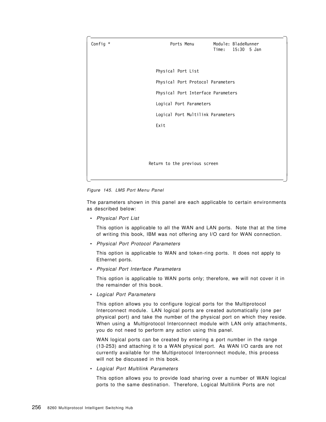 IBM 8260 manual ∙ Physical Port List, Physical Port Protocol Parameters, Physical Port Interface Parameters 