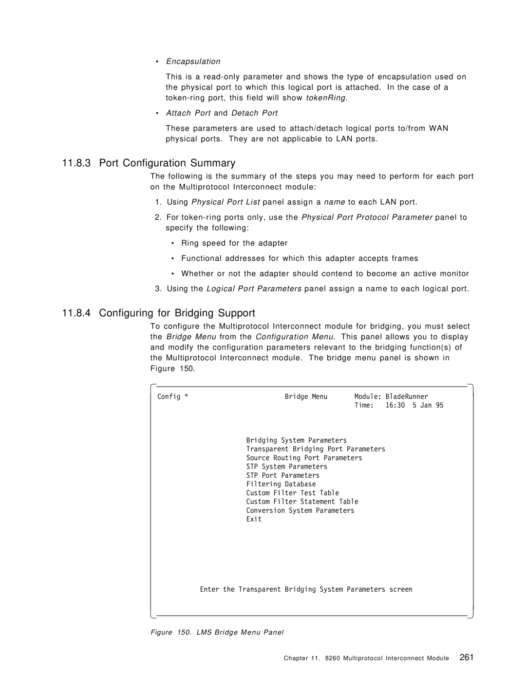 IBM 8260 Port Configuration Summary, Configuring for Bridging Support, ∙ Encapsulation, ∙ Attach Port and Detach Port 