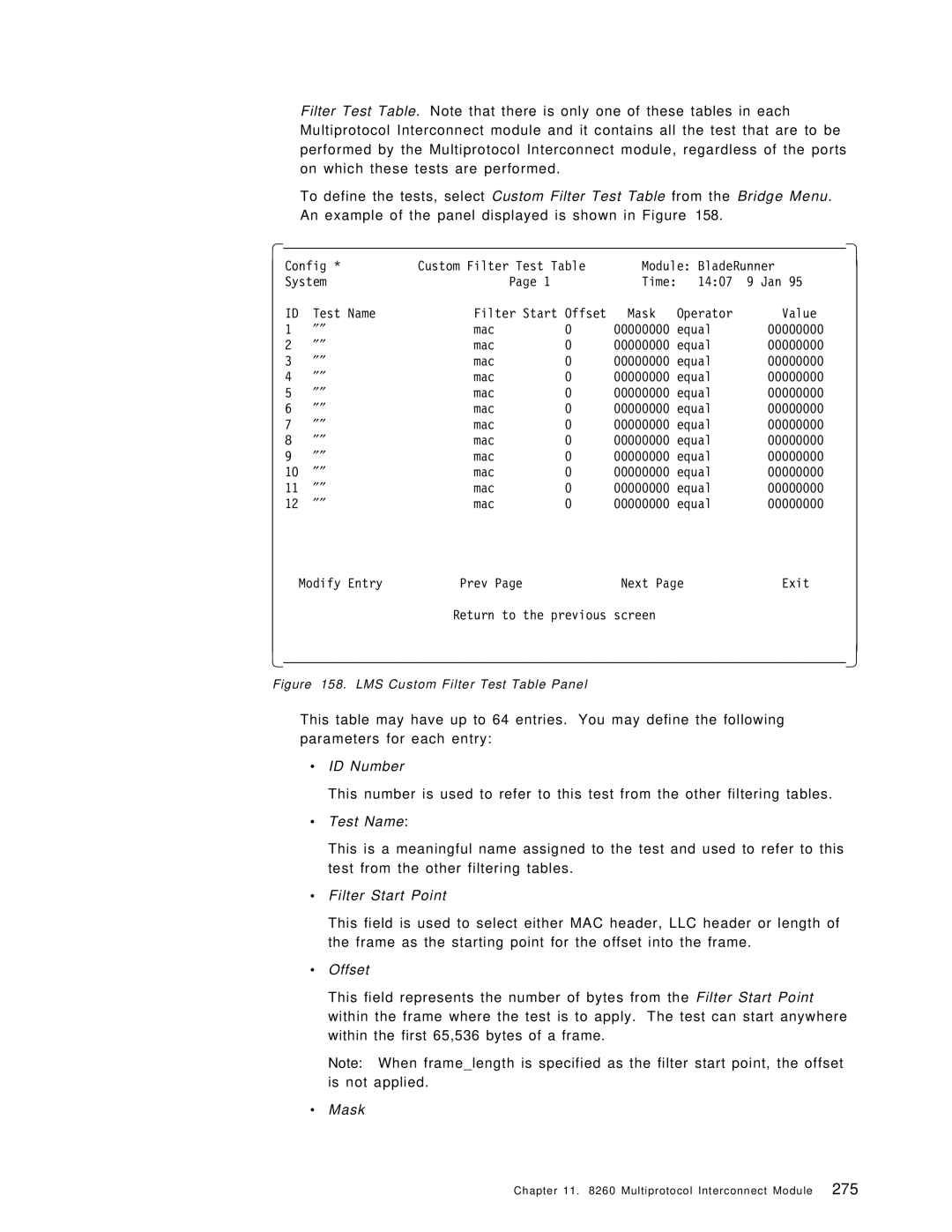 IBM 8260 manual ID Number, Test Name, ∙ Filter Start Point, ∙ Offset, ∙ Mask 