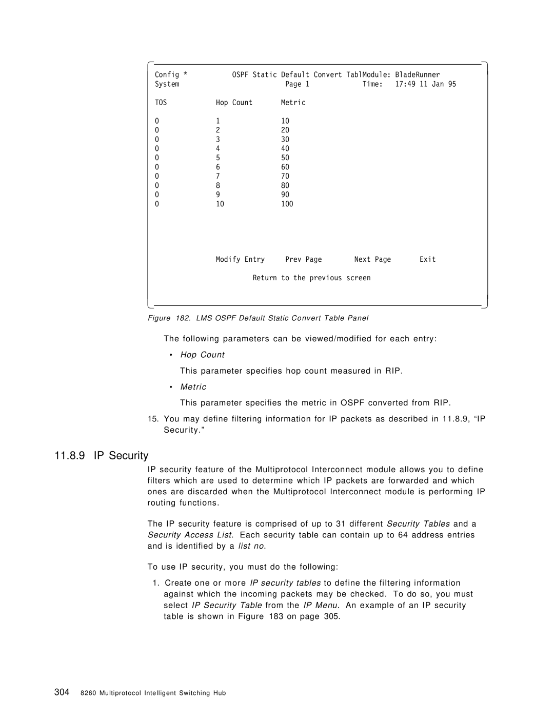 IBM 8260 manual IP Security, Following parameters can be viewed/modified for each entry 