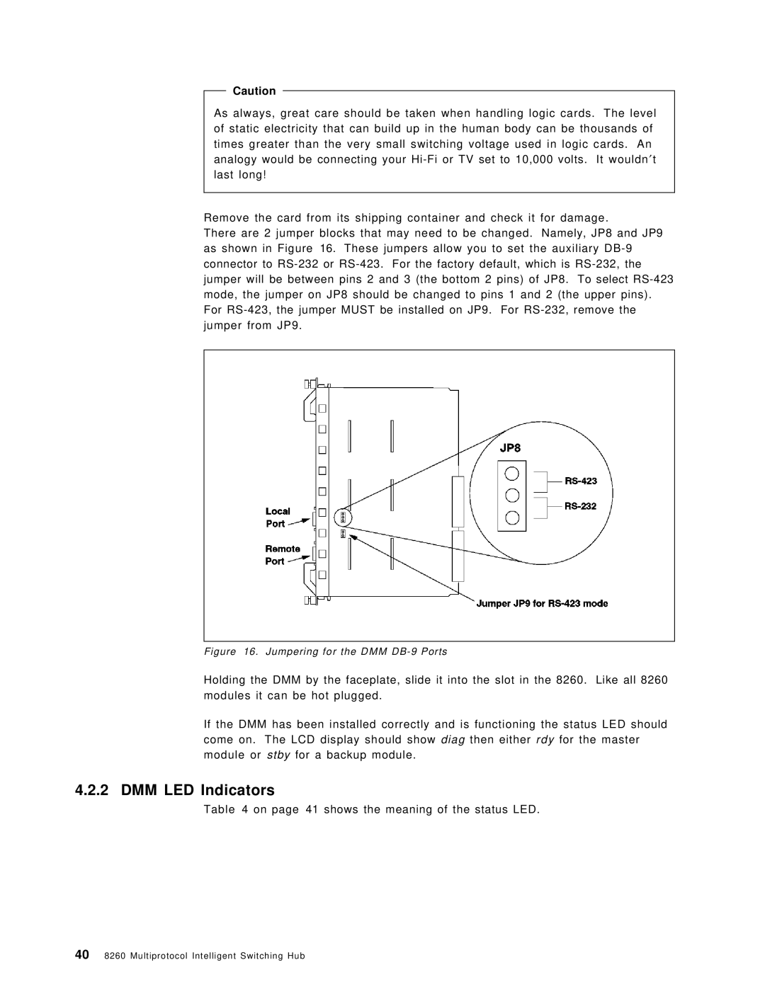 IBM 8260 manual DMM LED Indicators, On page 41 shows the meaning of the status LED 