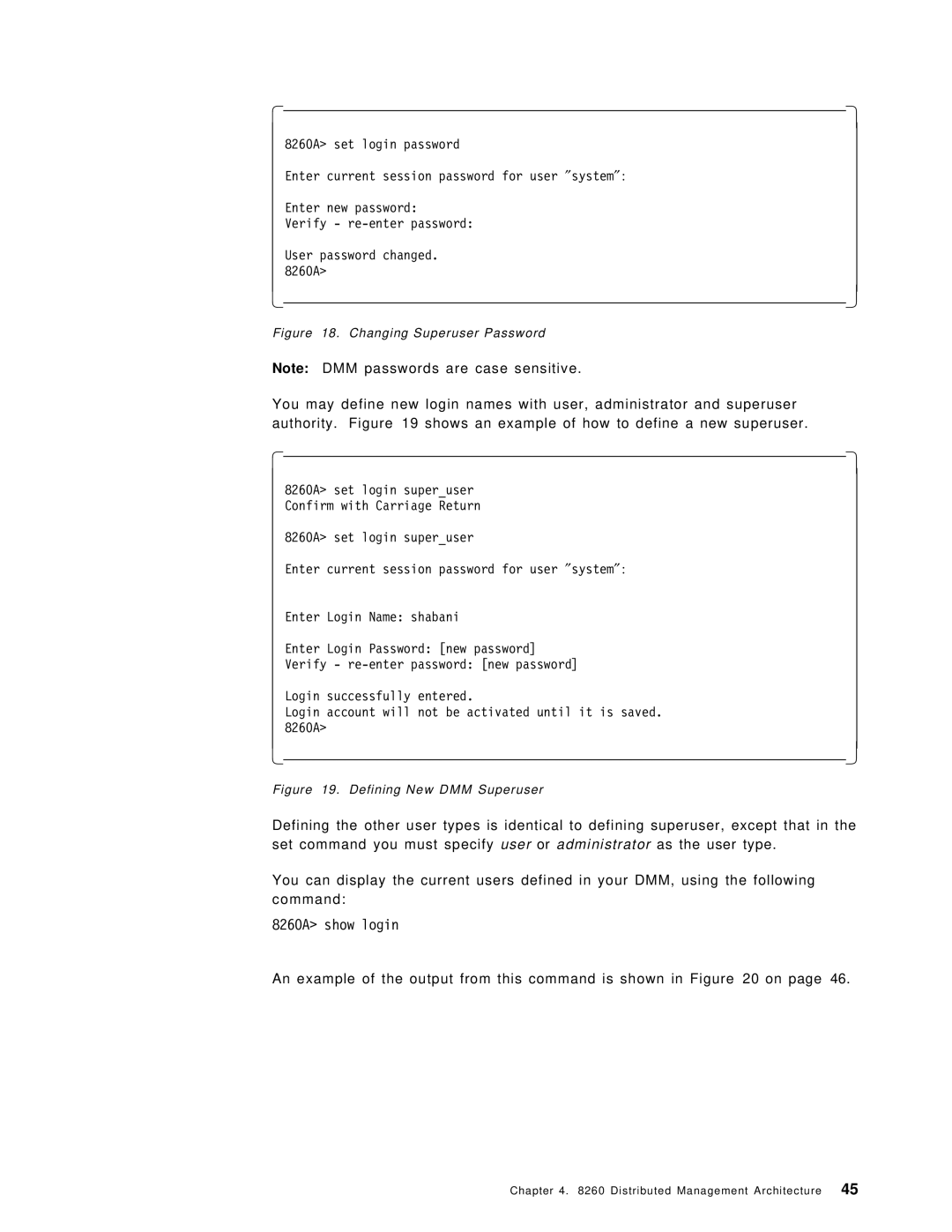 IBM manual 8260A show login, Changing Superuser Password 