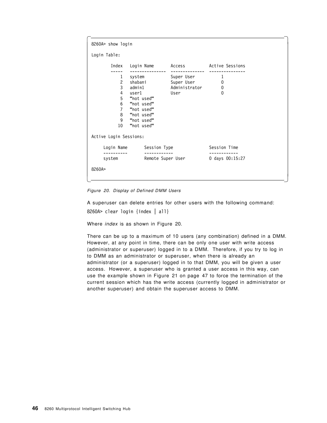 IBM manual 8260A clear login index all, Display of Defined DMM Users 