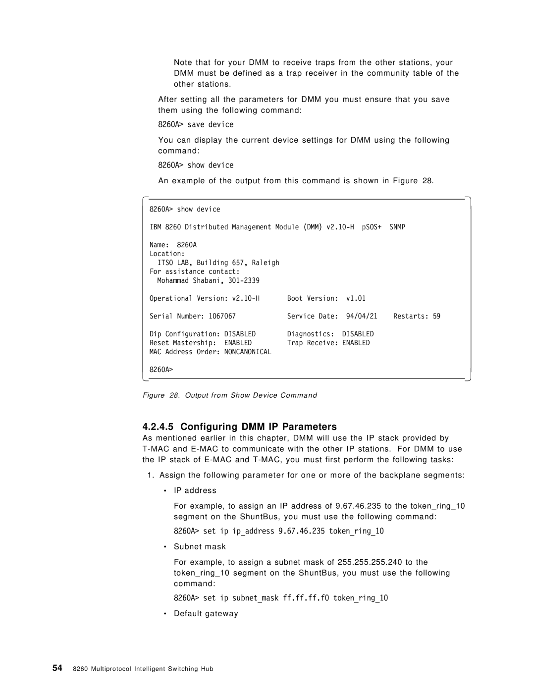 IBM Configuring DMM IP Parameters, 8260A save device, 8260A show device, 8260A set ip ipaddress 9.67.46.235 tokenring10 