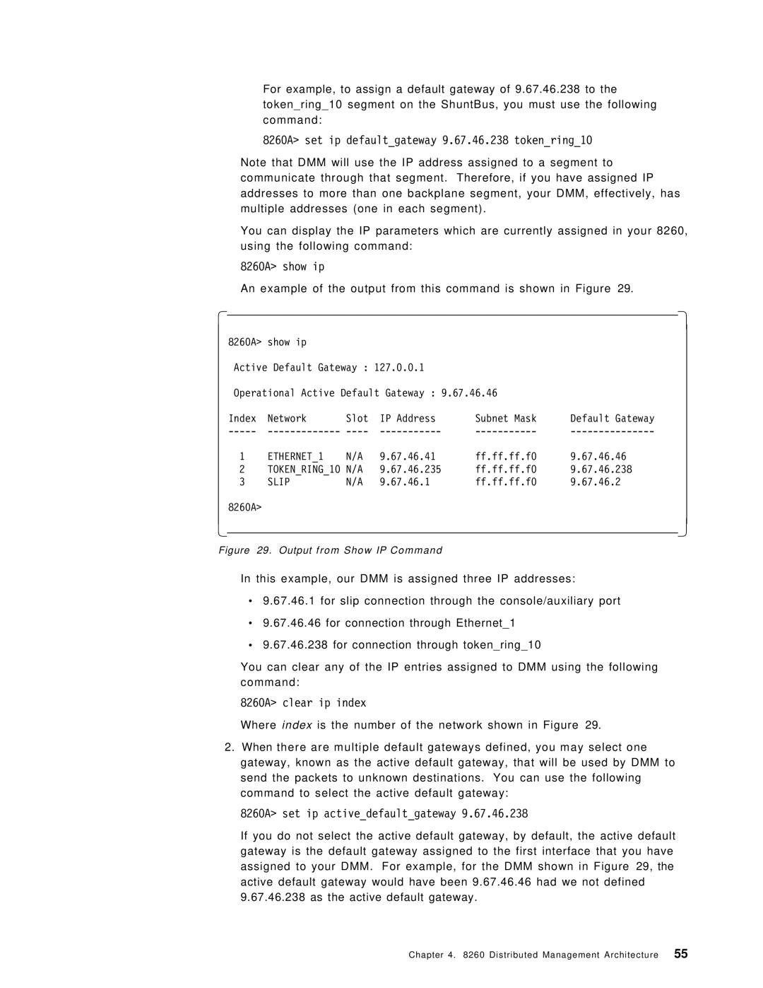 IBM manual 8260A set ip defaultgateway 9.67.46.238 tokenring10, 8260A show ip, 8260A clear ip index 