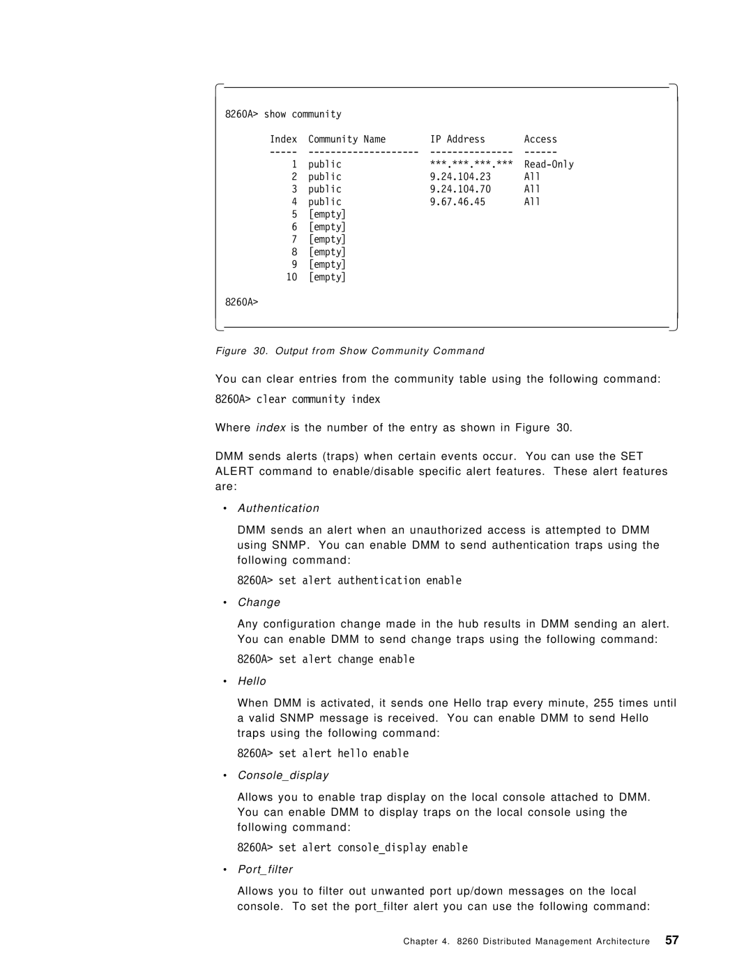 IBM manual 8260A clear community index, 8260A set alert authentication enable, 8260A set alert change enable 