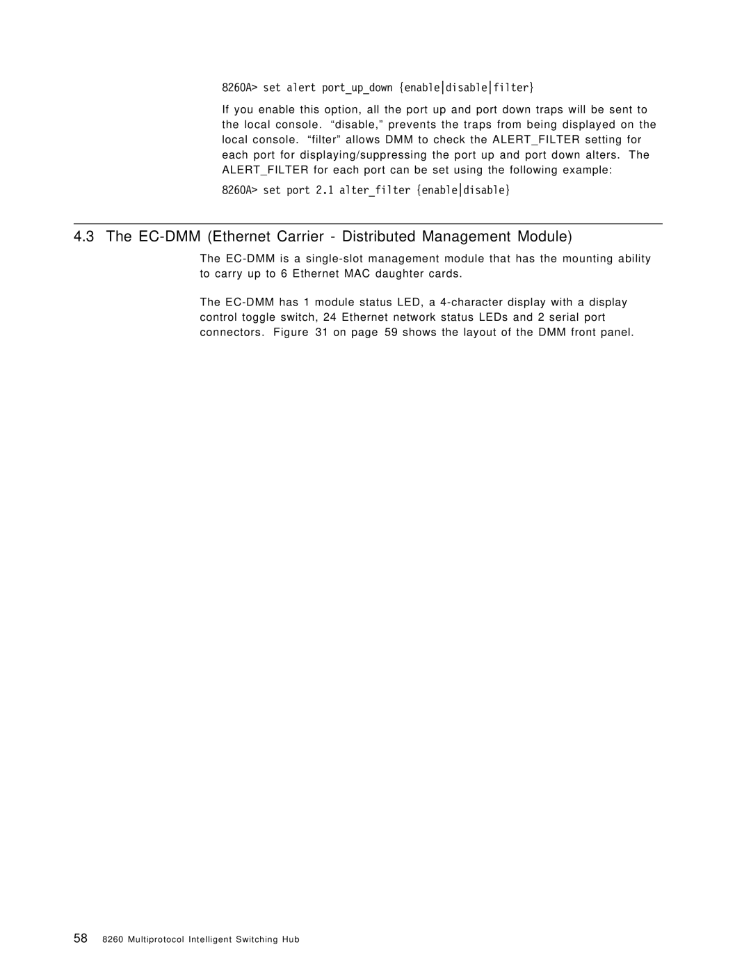 IBM manual EC-DMM Ethernet Carrier Distributed Management Module, 8260A set alert portupdown enabledisablefilter 