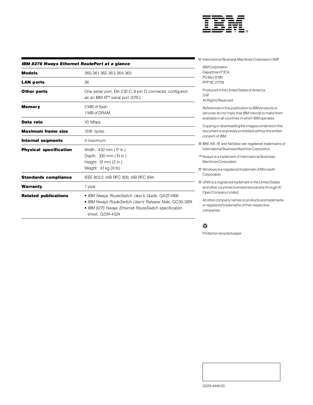 IBM manual IBM 8276 Nways Ethernet RoutePort at a glance 