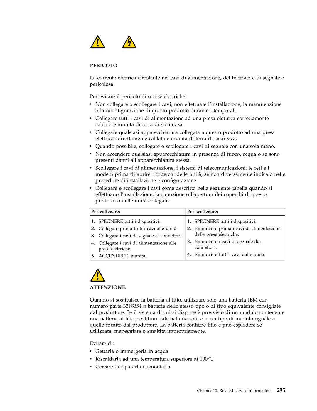 IBM 8314, 8309, 8308, 8312, 8313, 8311, 8310, 8315, 8301, 8306, 8304, 8302, 8303, 8305 manual Pericolo, Per collegare Per scollegare 