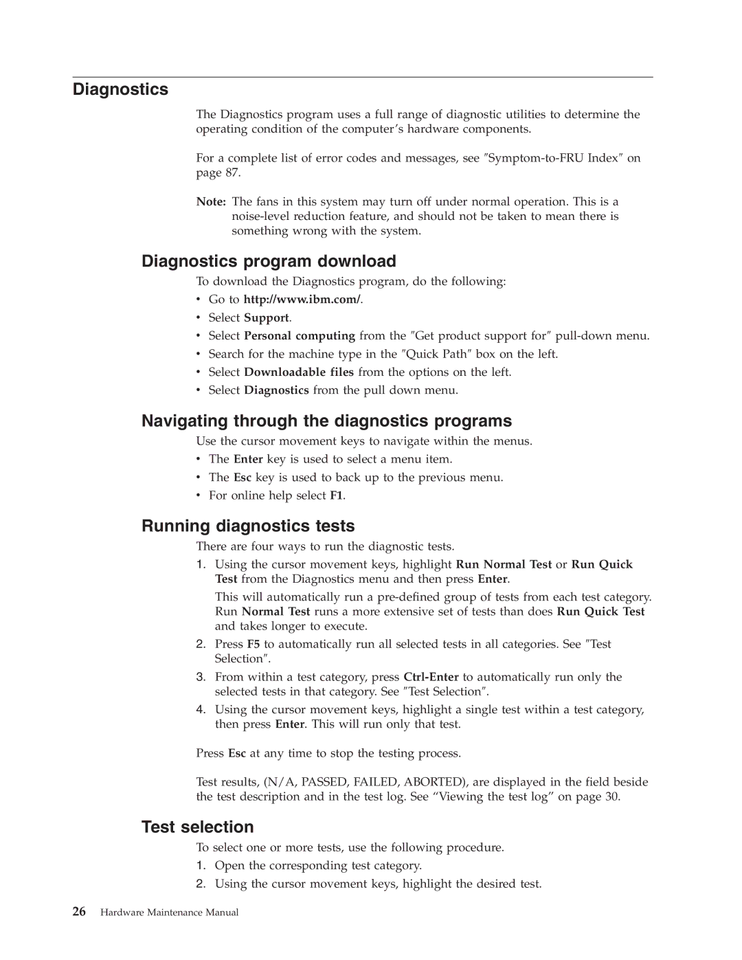 IBM 8311, 8309 Diagnostics program download, Navigating through the diagnostics programs, Running diagnostics tests 