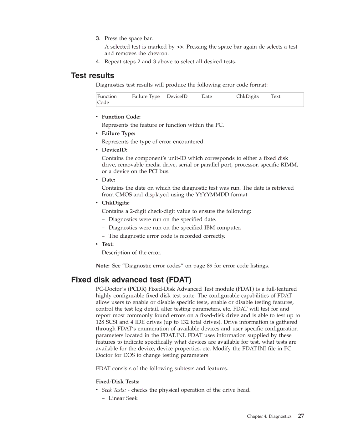 IBM 8310, 8309, 8308, 8312, 8313, 8311, 8315, 8314, 8301, 8306, 8304, 8302, 8303, 8305 Test results, Fixed disk advanced test Fdat 