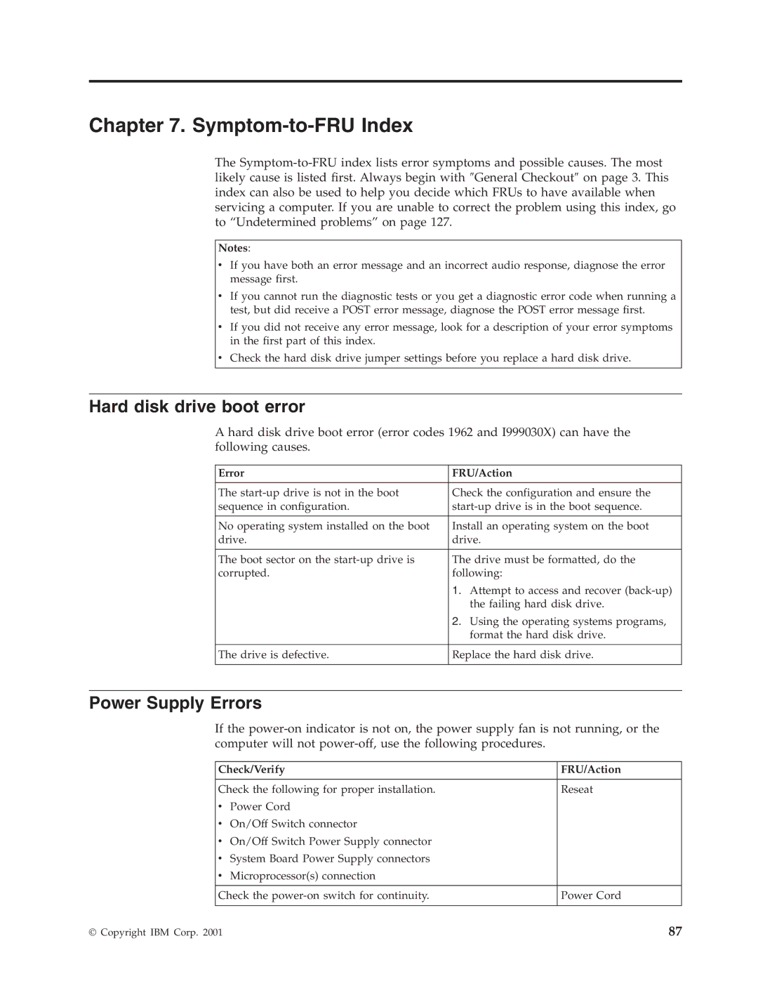 IBM 8306, 8309, 8308, 8312, 8313 Hard disk drive boot error, Power Supply Errors, Error FRU/Action, Check/Verify FRU/Action 