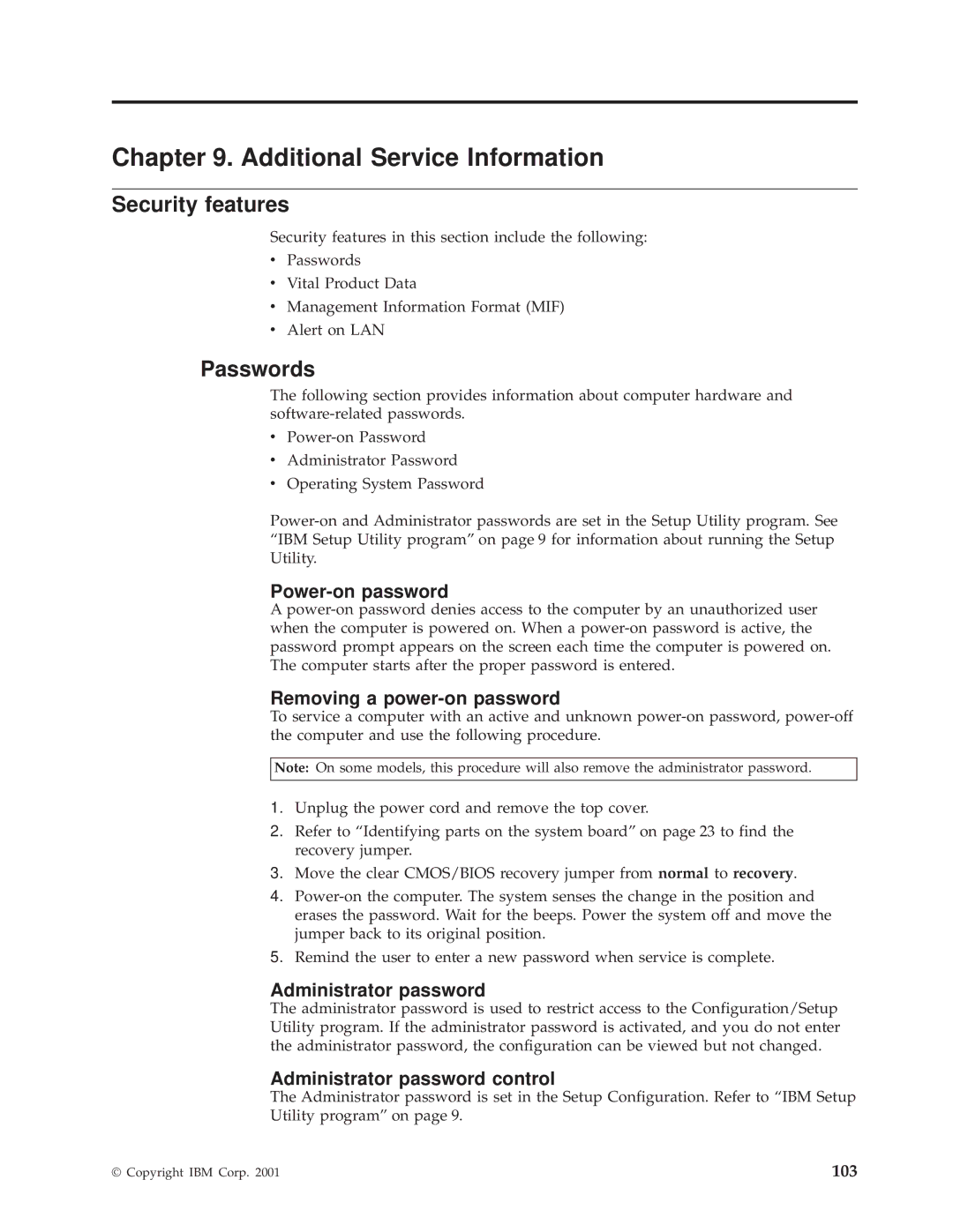 IBM 6826, 8319, 8317, 8318 manual Security features, Passwords 