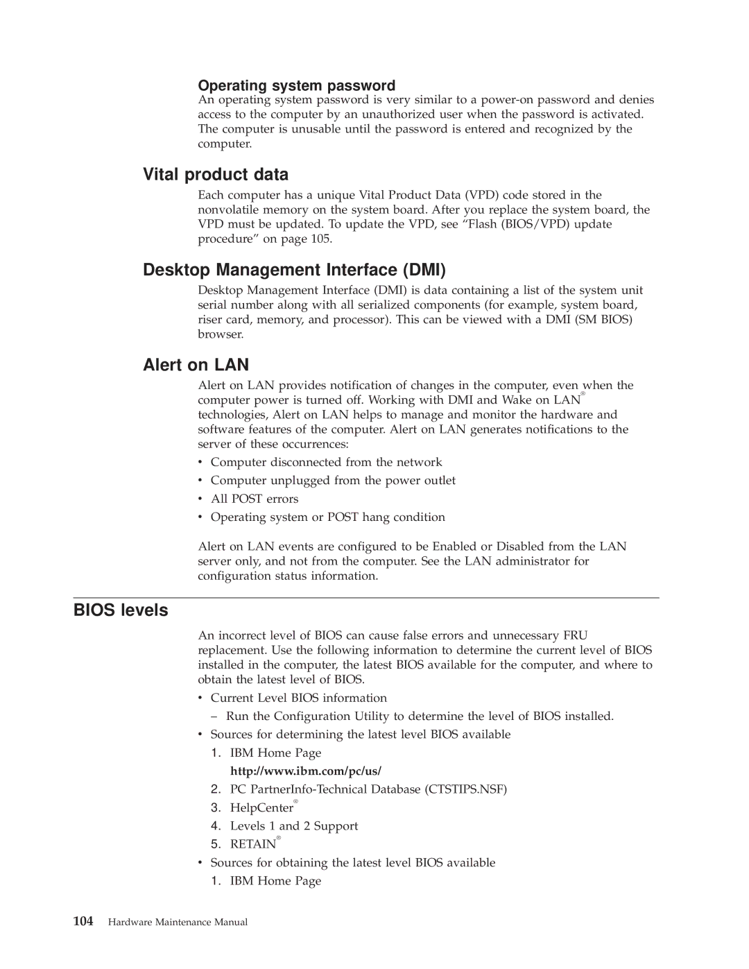 IBM 8317, 8319, 6826, 8318 manual Vital product data, Desktop Management Interface DMI, Alert on LAN, Bios levels 