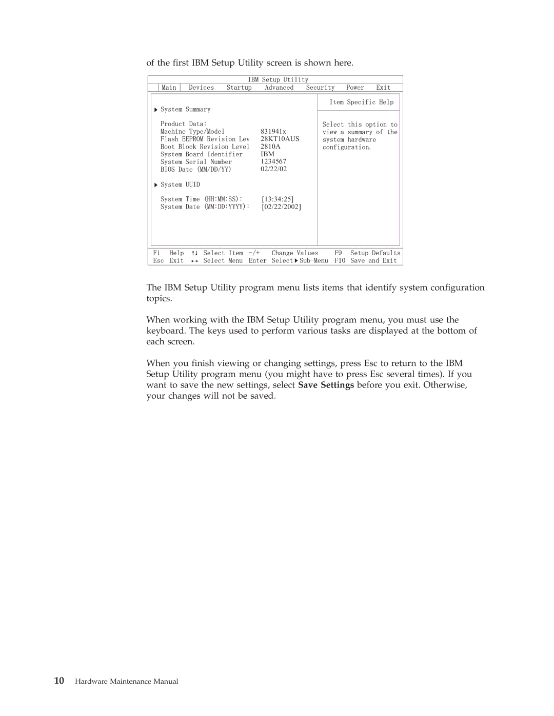 IBM 8319, 6826, 8317, 8318 manual First IBM Setup Utility screen is shown here 