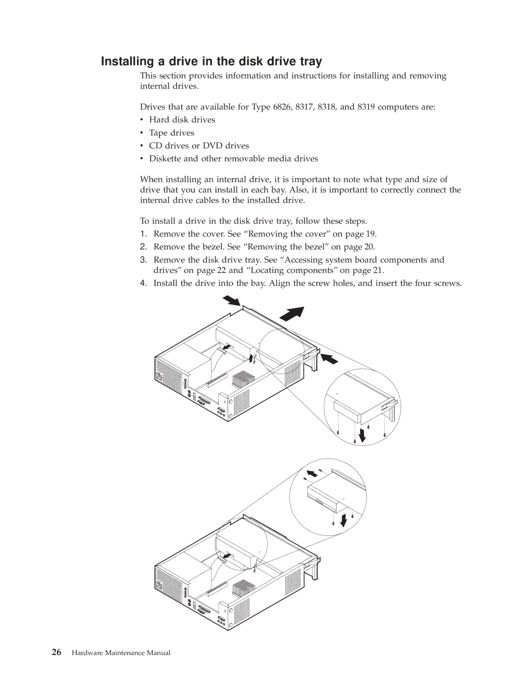 IBM 8319, 6826, 8317, 8318 manual Installing a drive in the disk drive tray 