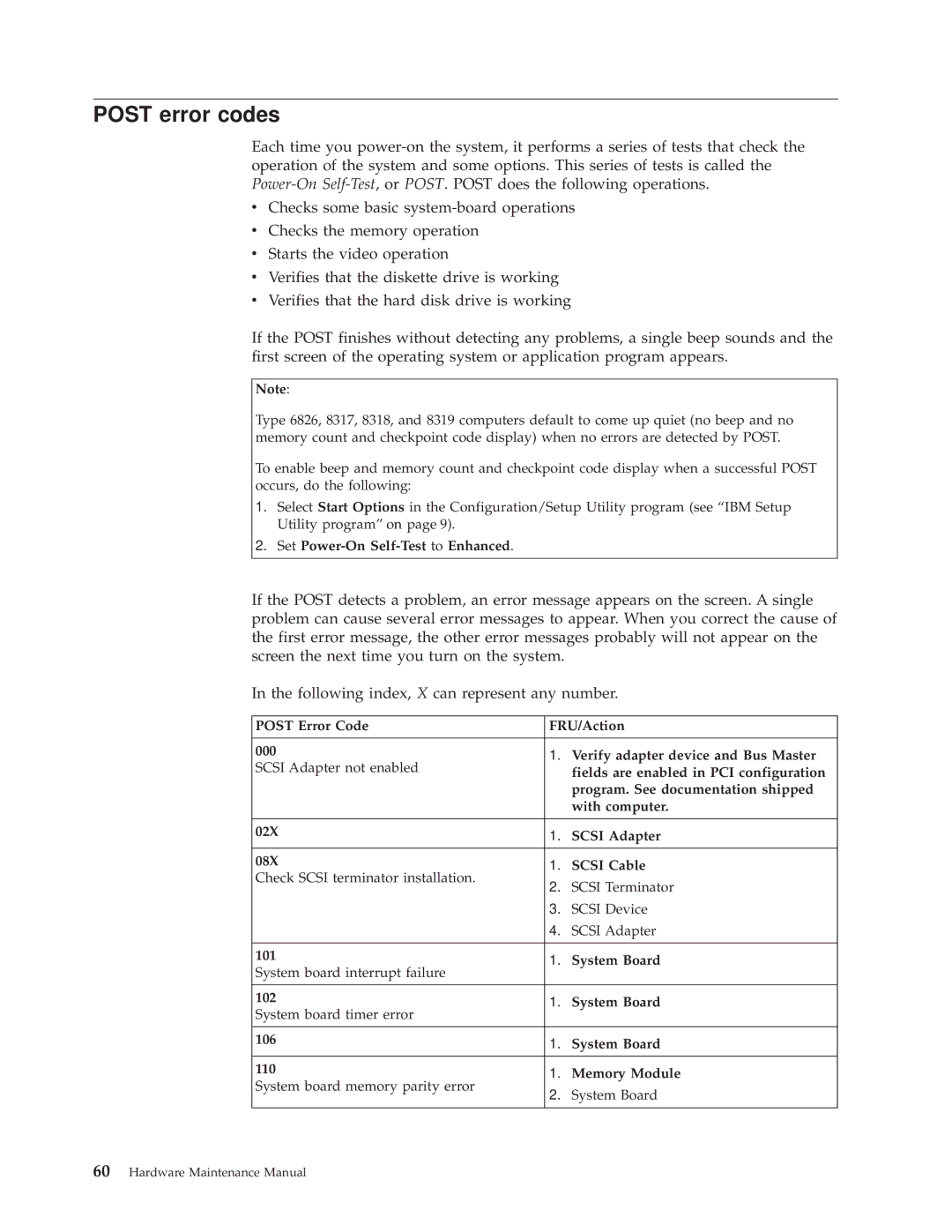 IBM 8317, 8319, 6826, 8318 manual Post error codes, Set Power-On Self-Test to Enhanced 