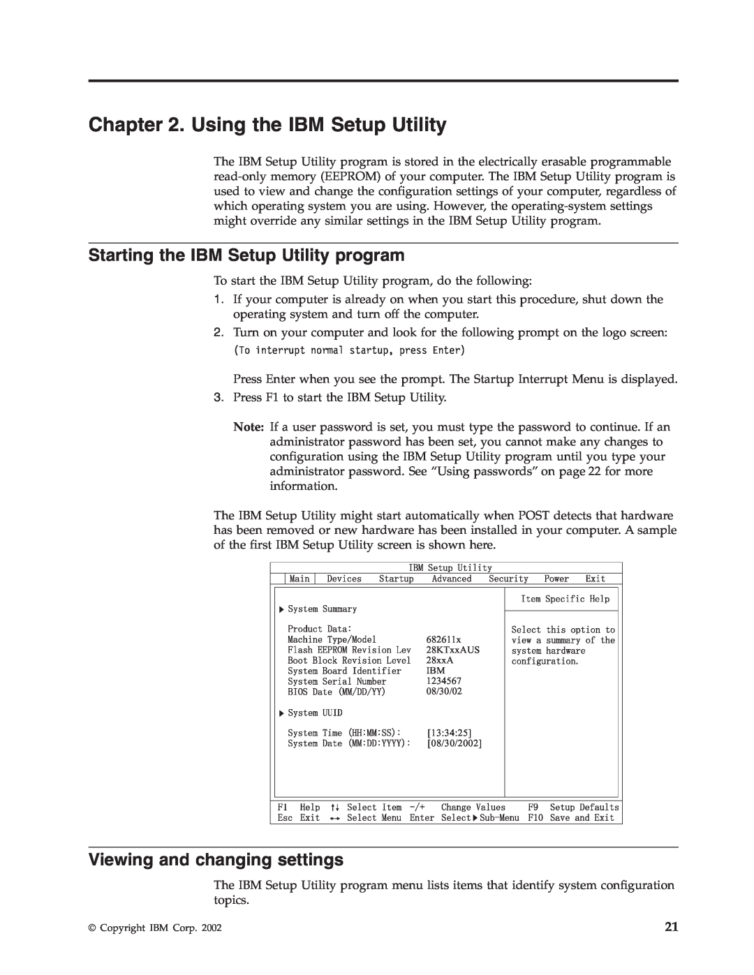 IBM 6826, 8319, 8317 Using the IBM Setup Utility, Starting the IBM Setup Utility program, Viewing and changing settings 