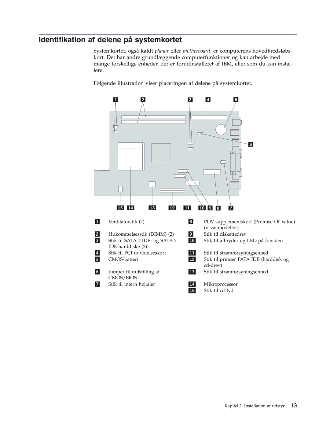 IBM 8416, 8419, 8183, 8429, 8417, 8184, 8418, 8320 manual Identifikation af delene på systemkortet, Cmos/Bios 