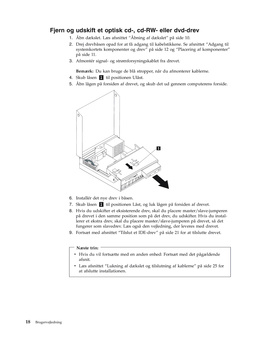 IBM 8418, 8419, 8416, 8183, 8429, 8417, 8184, 8320 manual Fjern og udskift et optisk cd-, cd-RW- eller dvd-drev 