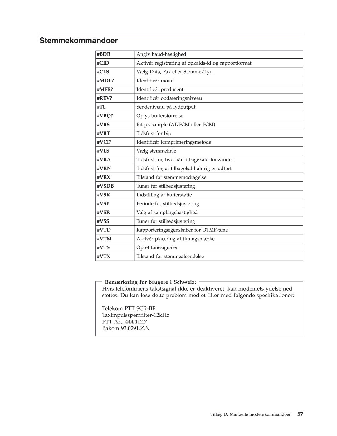 IBM 8184, 8419, 8416, 8183, 8429, 8417, 8418, 8320 manual Stemmekommandoer, Bemærkning for brugere i Schweiz 