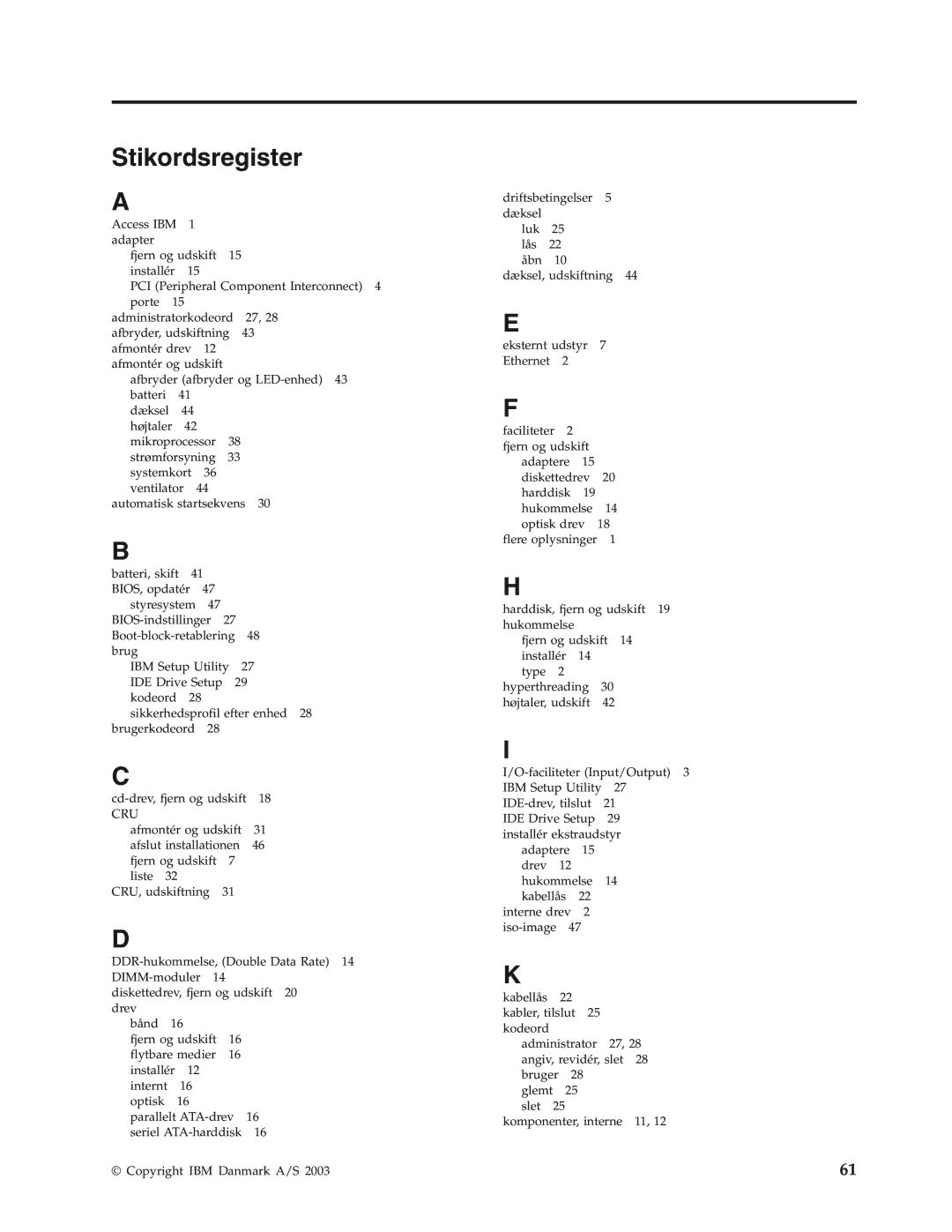 IBM 8416, 8419, 8183, 8429, 8417, 8184, 8418, 8320 manual Stikordsregister, Cru 