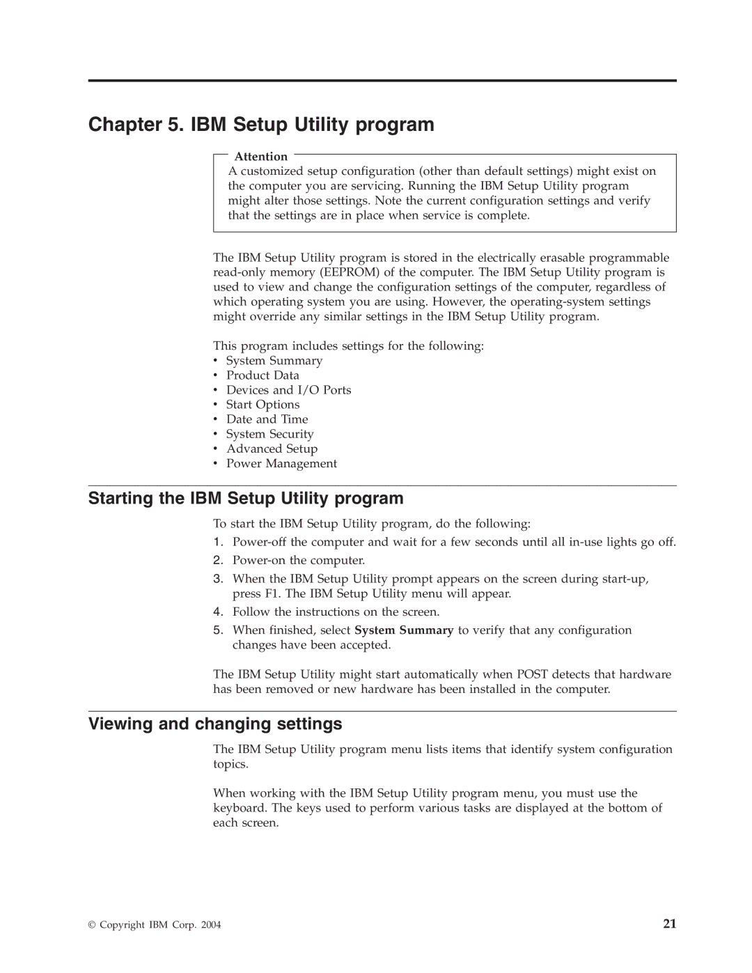 IBM 8198, 8434, 8316, 8199, 8191, 2296 manual Starting the IBM Setup Utility program, Viewing and changing settings 