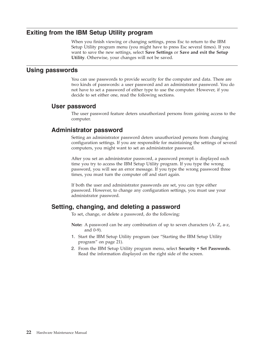 IBM 8191, 8434, 8316 Exiting from the IBM Setup Utility program, Using passwords, User password, Administrator password 