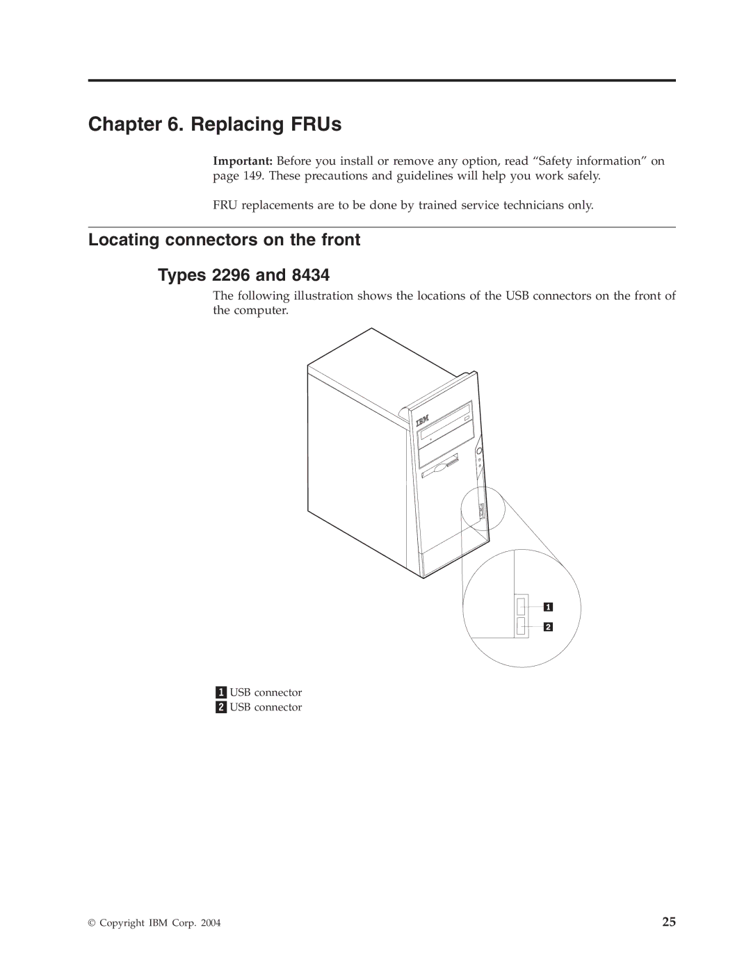 IBM 8316, 8434, 8199, 8198, 8191 manual Replacing FRUs, Locating connectors on the front Types 2296 