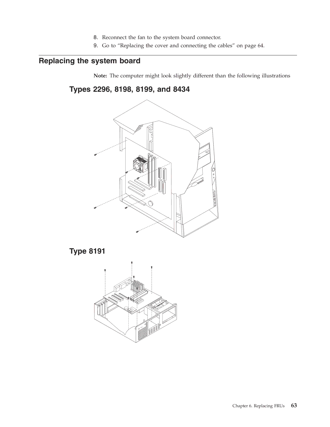 IBM 8434, 8316, 8191 manual Replacing the system board Types 2296, 8198, 8199 